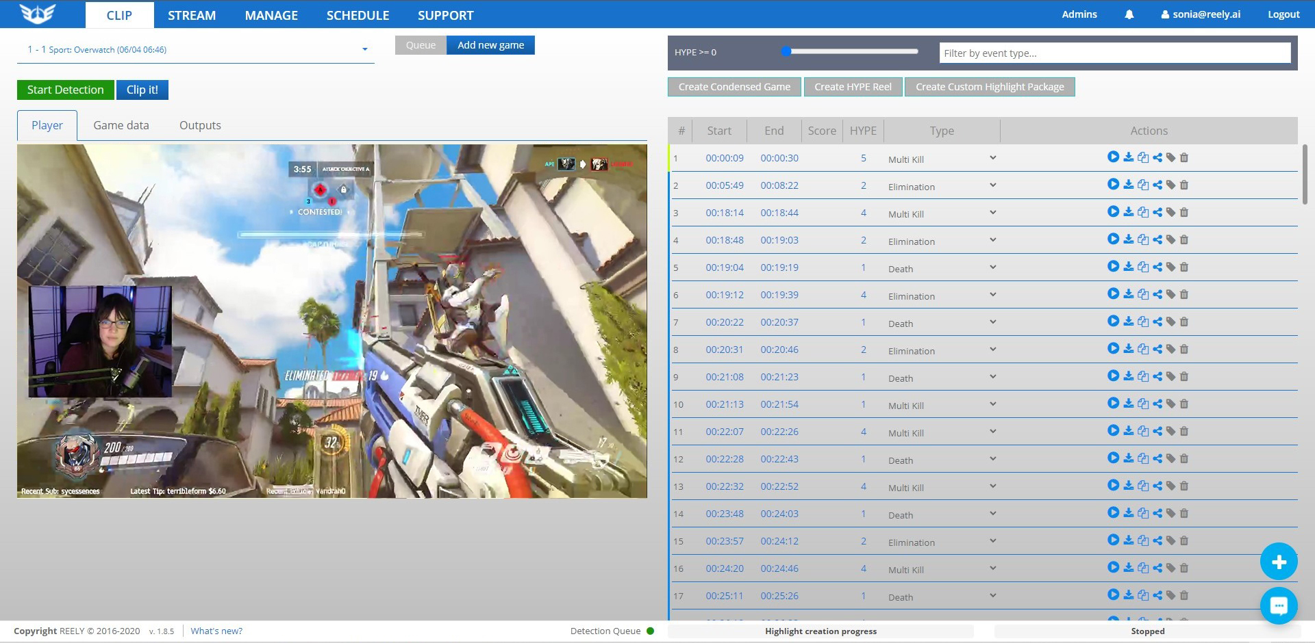 Earlier version of the Reely Livestream Monitor interface for reviewing clips generated from a live stream.
