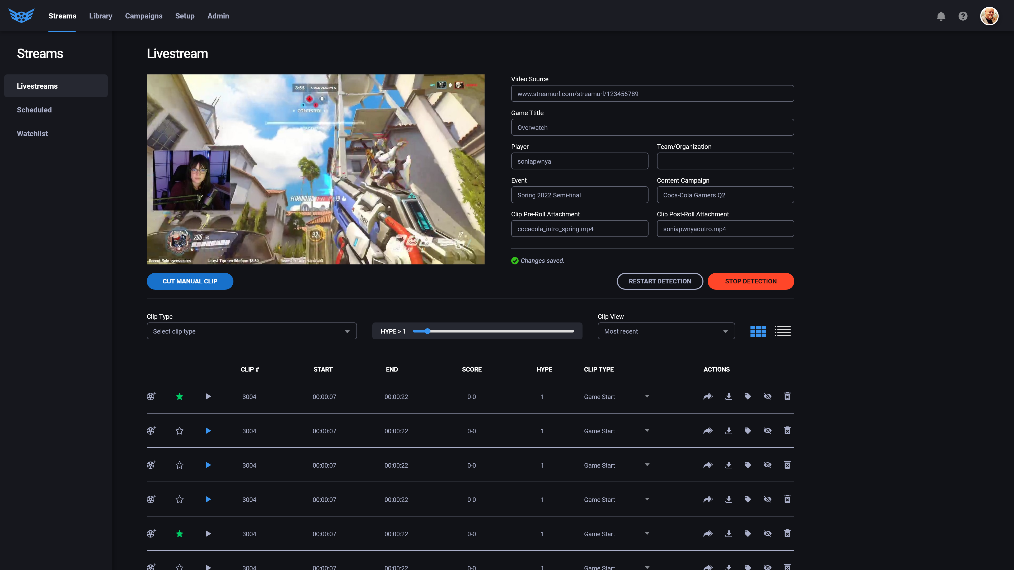 Later version of the Reely Livestream Monitor with more detailed controls for clip review, metadata, and content management.