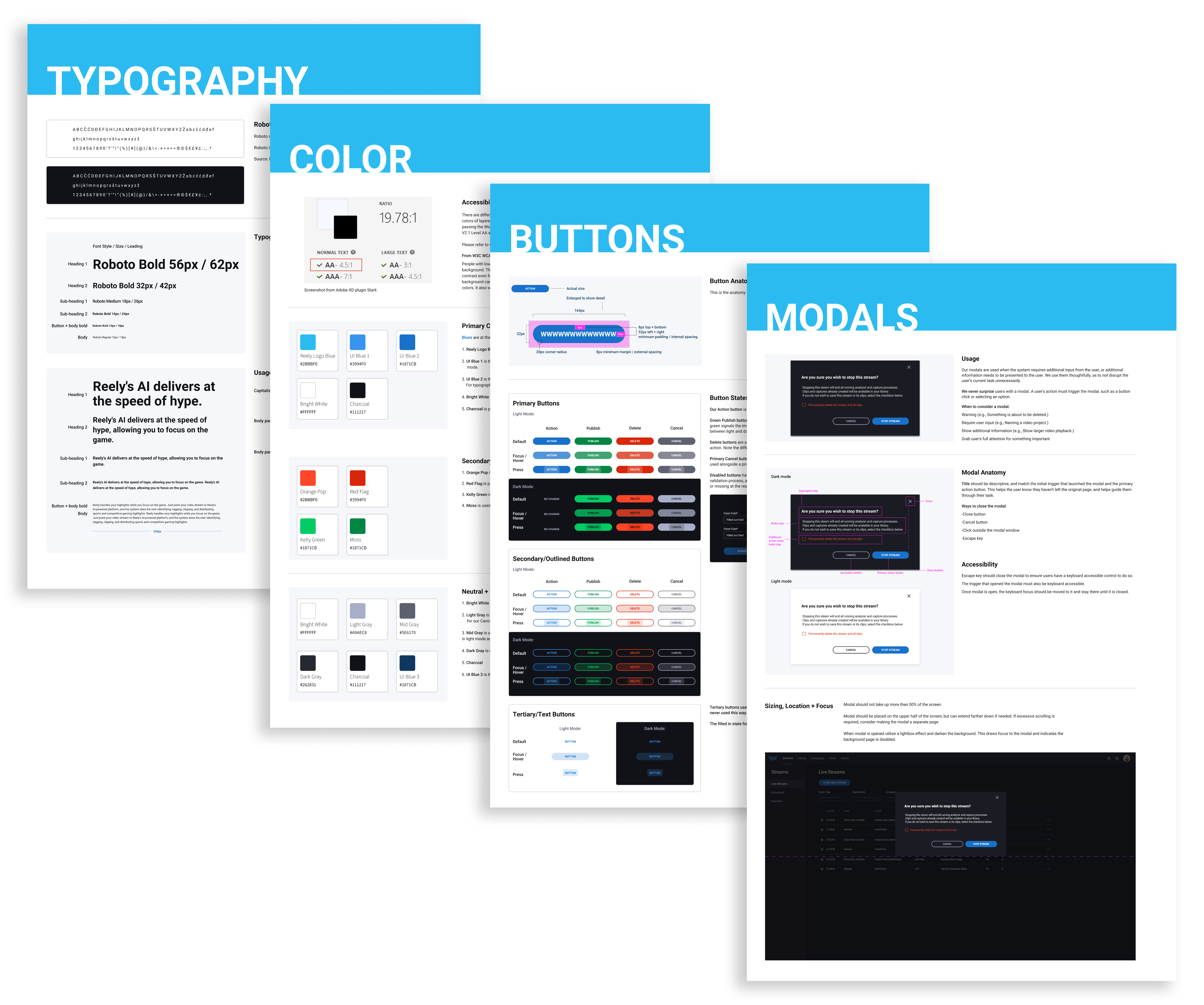Composite image of Reely design system foundations, including typography, color, buttons, and modal patterns.
