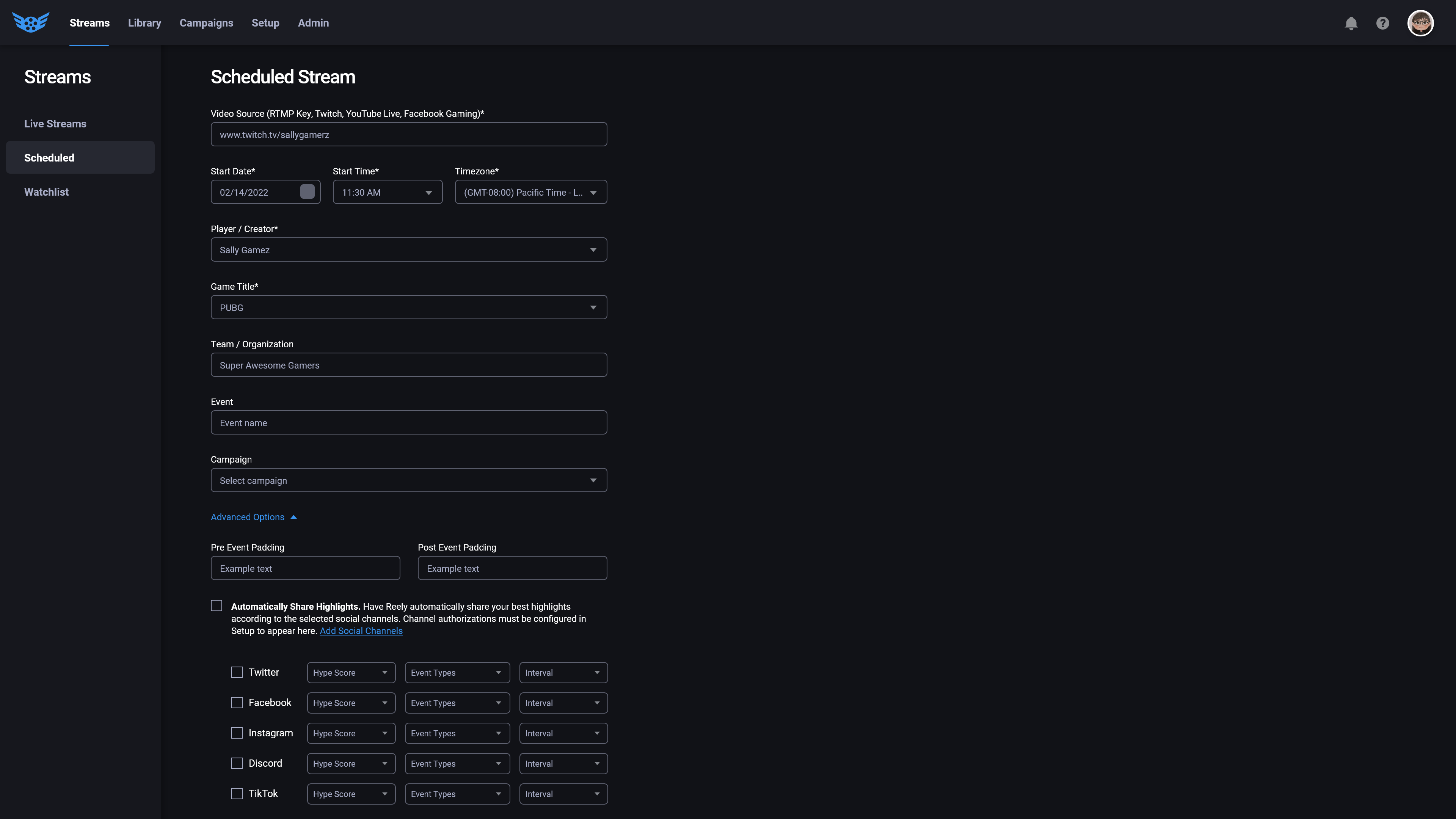 Final Reely scheduled stream setup screen with form fields for event details, game, timing, and related settings.