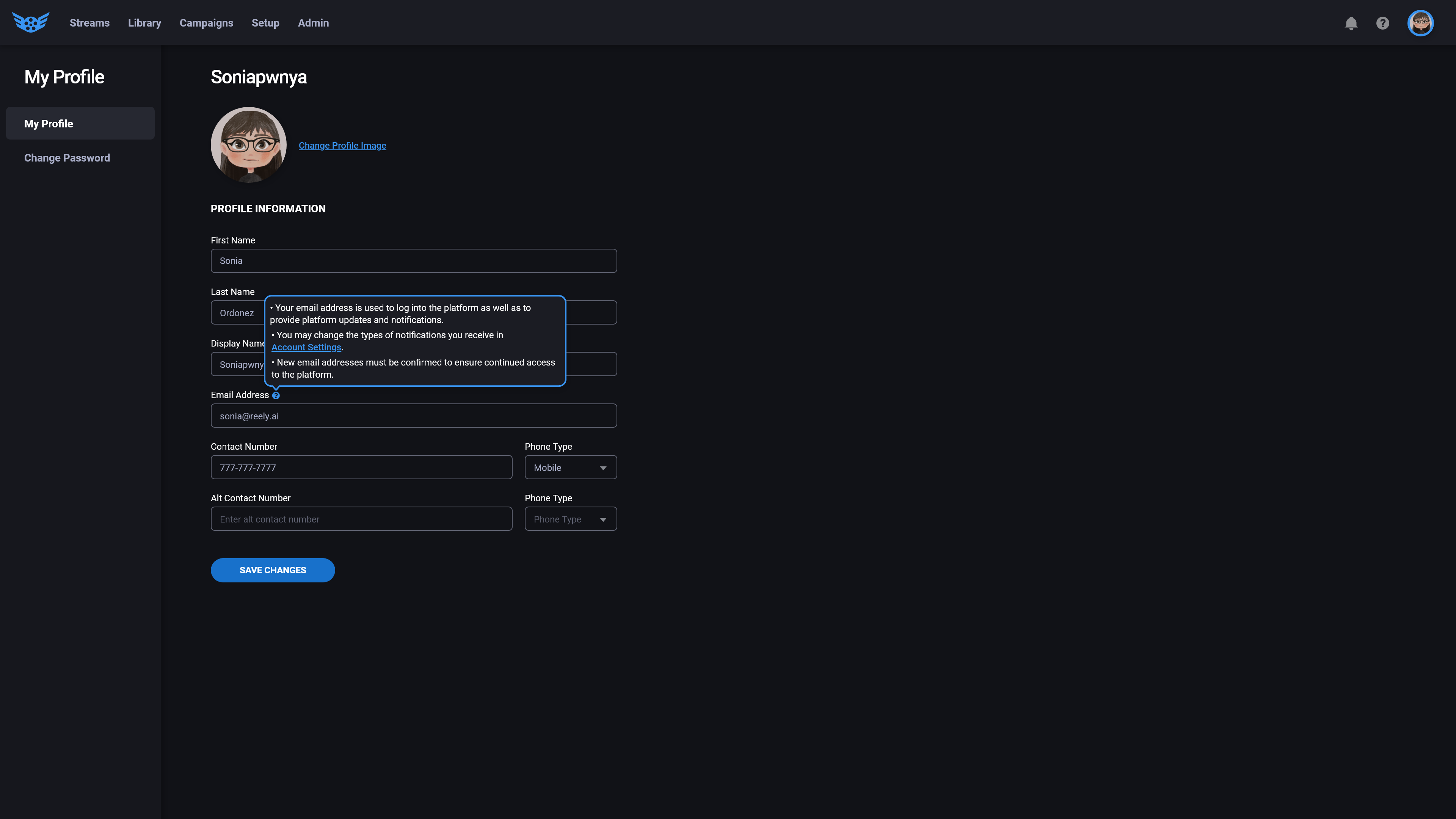 Final Reely user profile settings screen with editable account information and preferences.