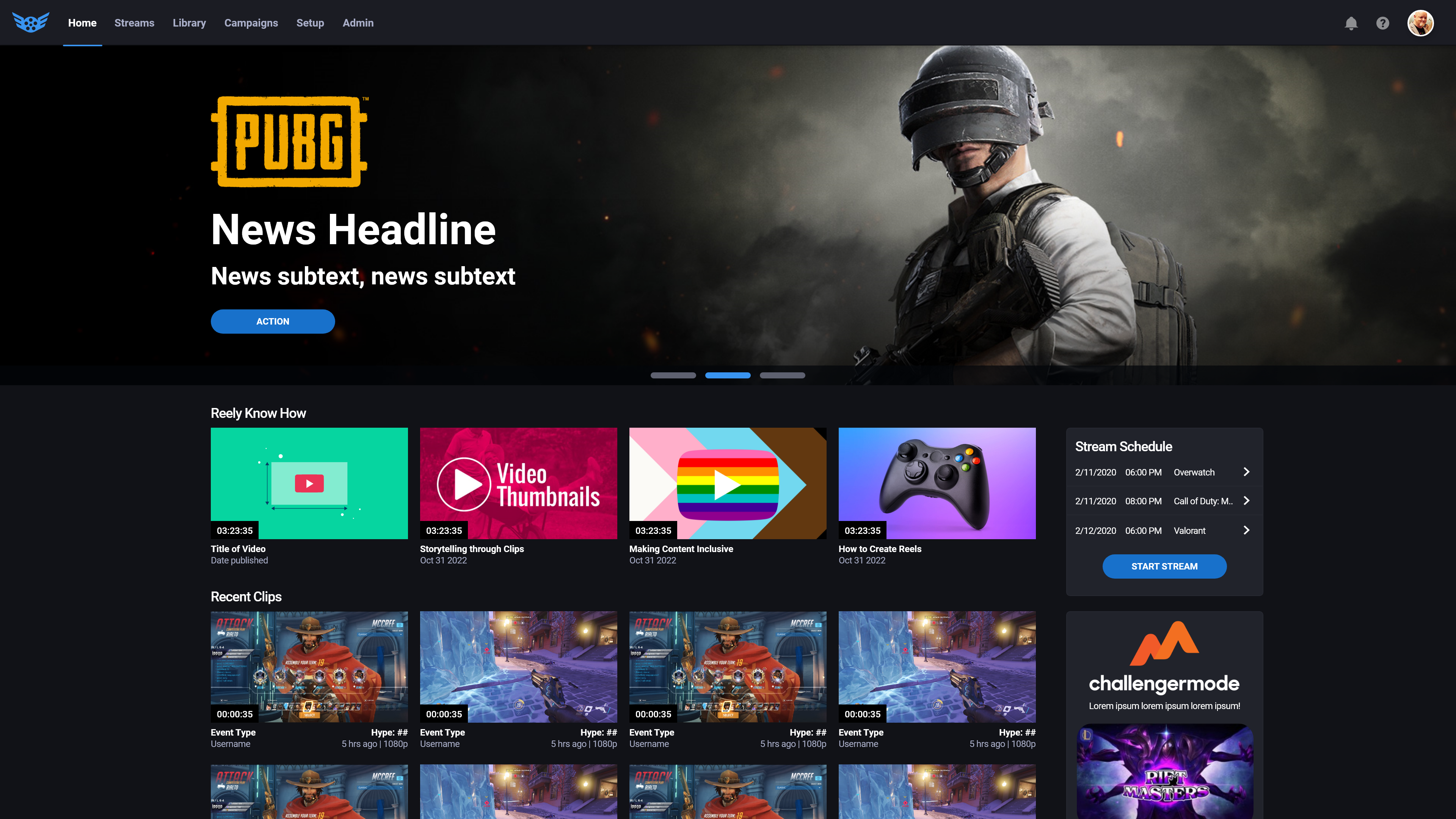 Final Reely home screen showing featured content, content modules, stream schedule, and dashboard-style navigation.